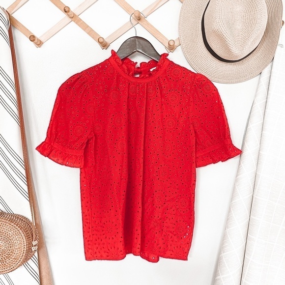 Madewell Embroidered Eyelet Ruffle-Neck Keyhole Top - Picture 2 of 7